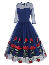 Load image into Gallery viewer, Solid Color Rose Embroidered Crew Neck 1950S Vintage Swing Dress
