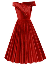 Load image into Gallery viewer, Christmas Red Off Shoulder Velvet 1950S Vintage Swing Dress