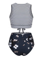 Load image into Gallery viewer, Vintage Inspired High-Waisted Bikini Set with Striped Tie-Front Top