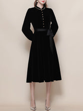 Load image into Gallery viewer, Black Mandarin Collar Velvet Retro Dress