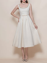 Load image into Gallery viewer, White Satin U Neck Sleeveless Classic 1950S Vintage Wedding Dress with Pearl Detailing