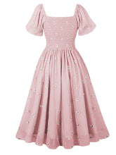 Load image into Gallery viewer, Blue Daisy Puff Sleeve Smocking 1950S Vintage Dress