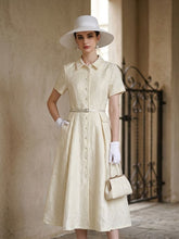 Load image into Gallery viewer, Pink Jacquard Elegant Embossed Floral Shirt Dress with Belt