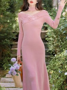 1940S Pink Rose High Waist Knitted Sweater Long Sleeve Vintage Dress