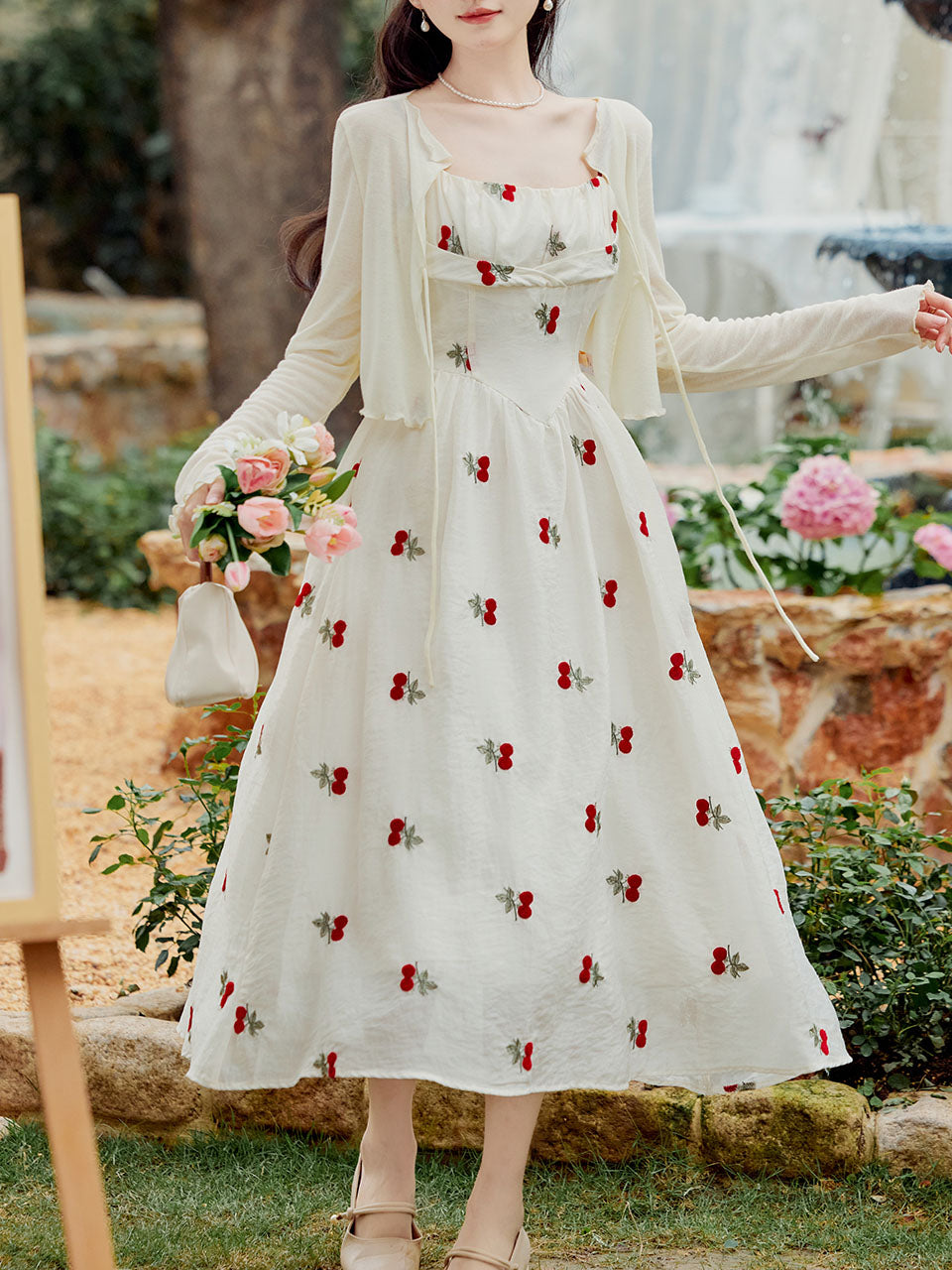 2PS White Cherry Print Spaghetti Strap Dress with White Shawl Dress Suit, White / Xs 2PS White Cherry Print Spaghetti Strap Dress with White Shawl Dress Suit, White / Xs