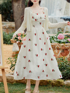 2PS White Cherry Print Spaghetti Strap Dress With White Shawl Dress Suit, White / XS