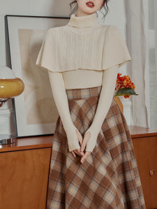 3PS Apricot Sweater Cape And Pleated Plaid Swing Skirt 1950S Vintage Outfits