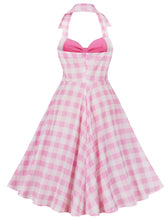 Load image into Gallery viewer, Pink And White Plaid Halter Off Shoulder Bow Barbie Retro Dress