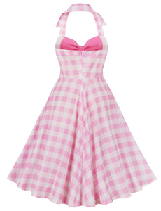 Pink And White Plaid Halter Off Shoulder Bow Barbie Retro Dress