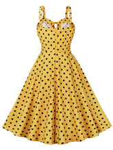 Load image into Gallery viewer, 1950S Spaghetti Strap Bow Vintage Dress With Yellow and Black Polka Dots