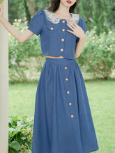 Load image into Gallery viewer, 2PS Blue Lace Peter Pan Collar Short Sleeve Shirt With Skirt Suits