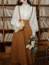 Load image into Gallery viewer, 2PS White Long Sleeve Blouse And Yellow Stripe  Pockets Swing Skirt Dress Set