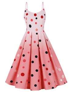Pink Spaghetti Strap Polka Dots Macaron Color 1950S Dress