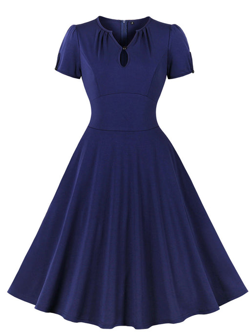 Navy V Neck Short Sleeve 1950S Vintage Dress