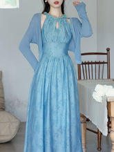 Load image into Gallery viewer, 2PS Blue Floral Printed Jacaranda Flower Crew Neck Retro Girdle Dress With Cardigan Suit