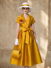Load image into Gallery viewer, Vintage 1950s Audrey Hepburn Style Navy Satin Lapel Collar Midi Dress