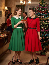 Load image into Gallery viewer, 1950s Vintage Christmas Green Peter Pan Collar Swing Dress