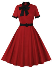 Load image into Gallery viewer, Wine Red Bow Collar 1950s Vintage Swing Dress With Belt