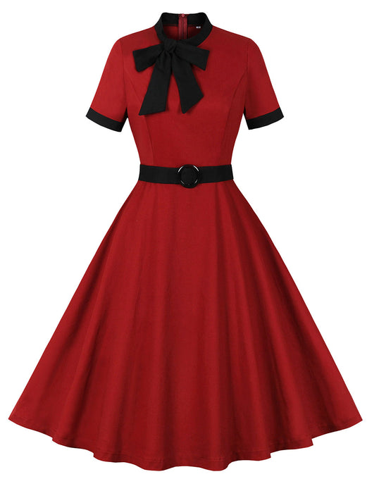 Wine Red Bow Collar 1950s Vintage Swing Dress With Belt