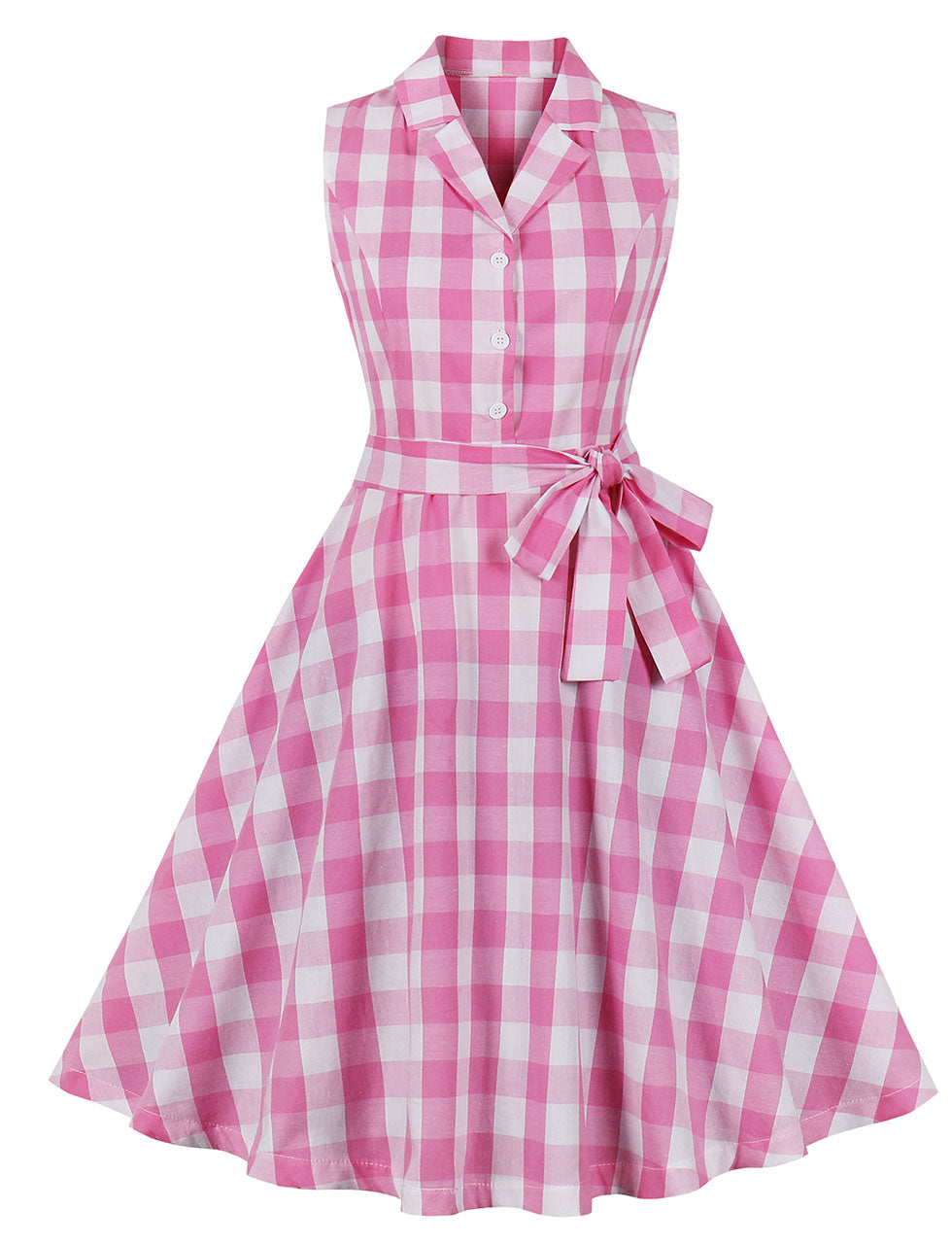 Barbie Pink And White Plaid V Neck 1950s Swing Dress