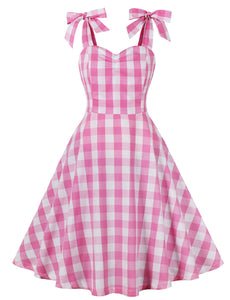 Pink And White Plaid Straps Bow Barbie Retro Swing Dress