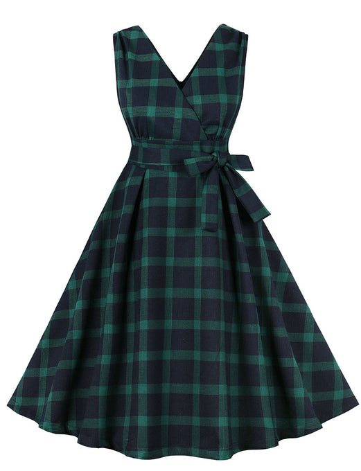 Emerald Green Plaid V Neck 1950s Swing Dress With Belt