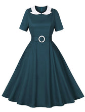 Load image into Gallery viewer, Peacock Blue Peter Pan Collar 1950s Vintage Swing Dress With Belt