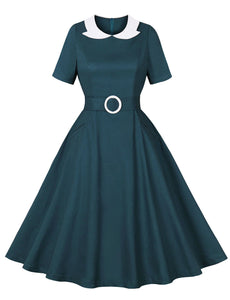 Peacock Blue Peter Pan Collar 1950s Vintage Swing Dress With Belt