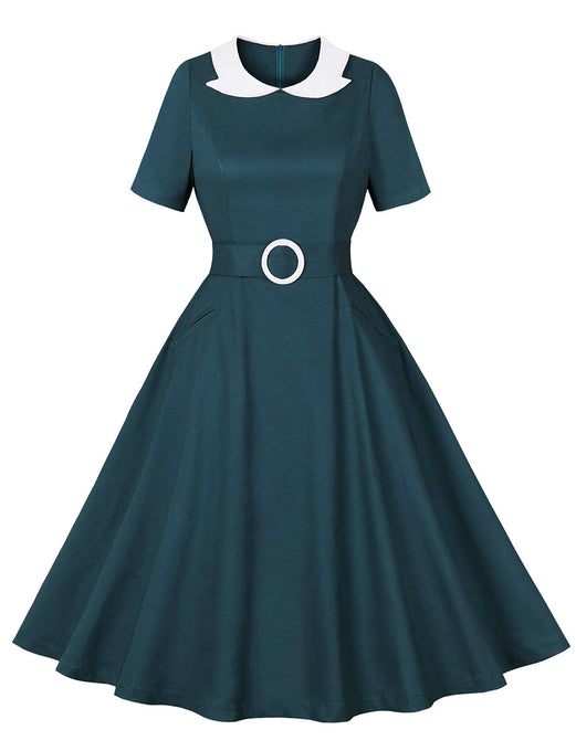 Peacock Blue Peter Pan Collar 1950s Vintage Swing Dress With Belt