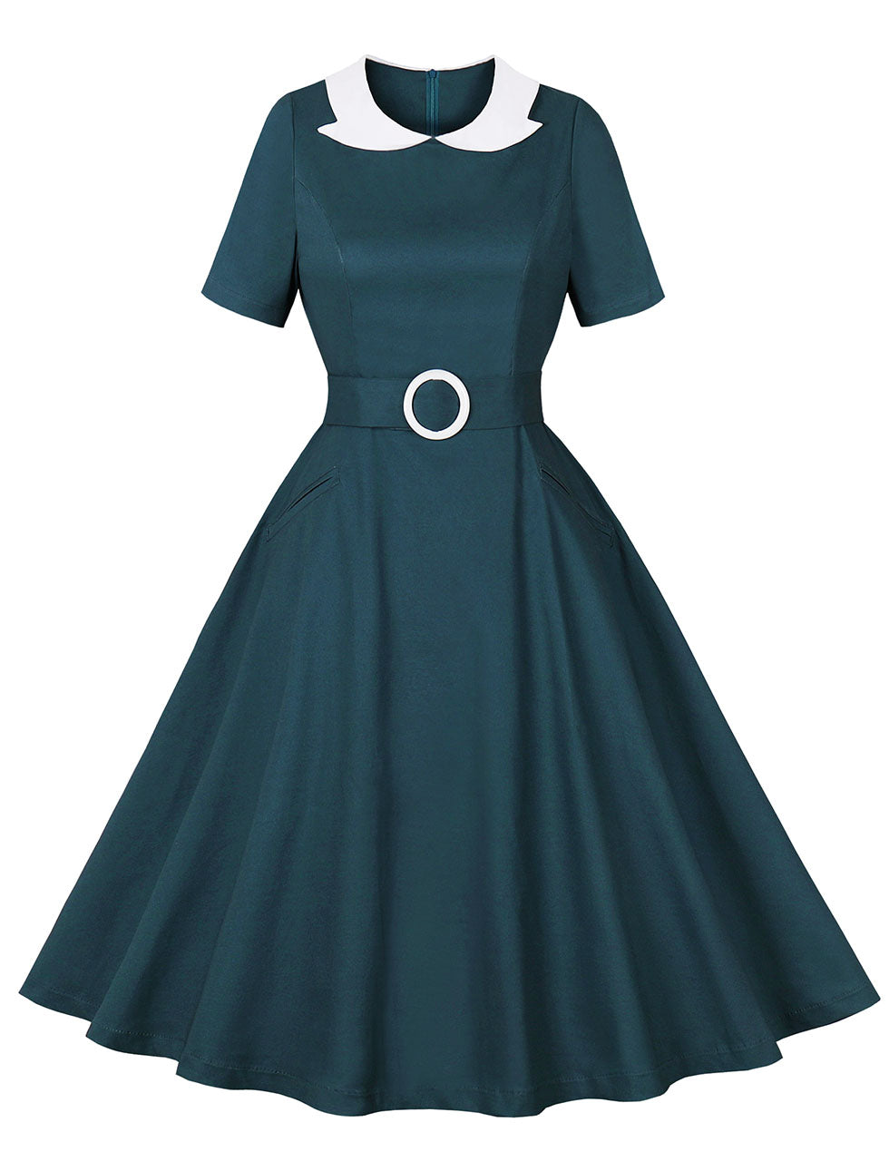 Peacock Blue Peter Pan Collar 1950s Vintage Swing Dress With Belt