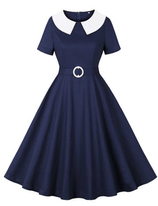 Navy Peter Pan Collar 1950s Vintage Swing Dress With Belt