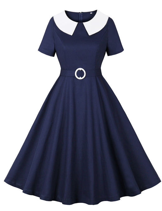 Navy Peter Pan Collar 1950s Vintage Swing Dress With Belt