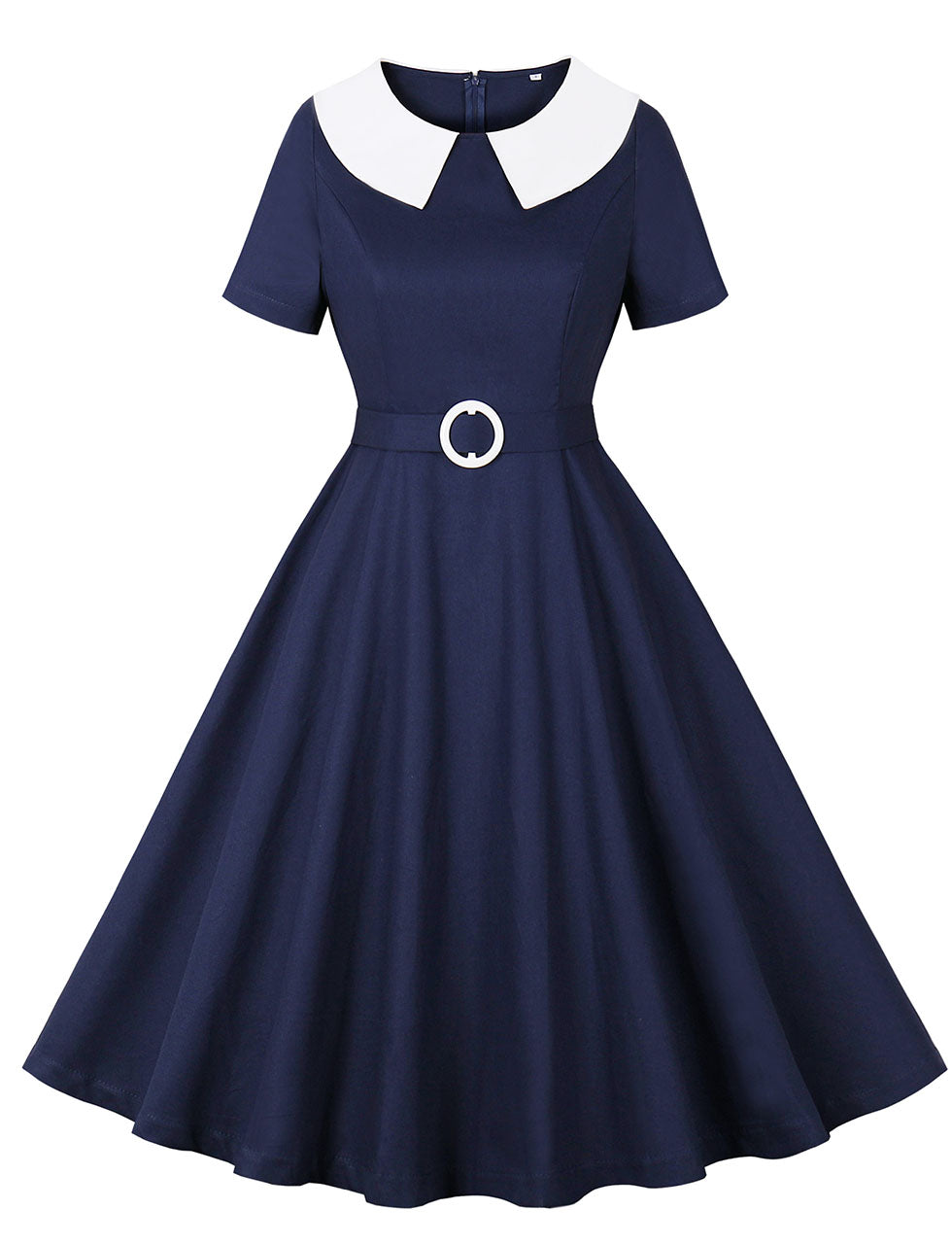 Navy Peter Pan Collar 1950s Vintage Swing Dress With Belt