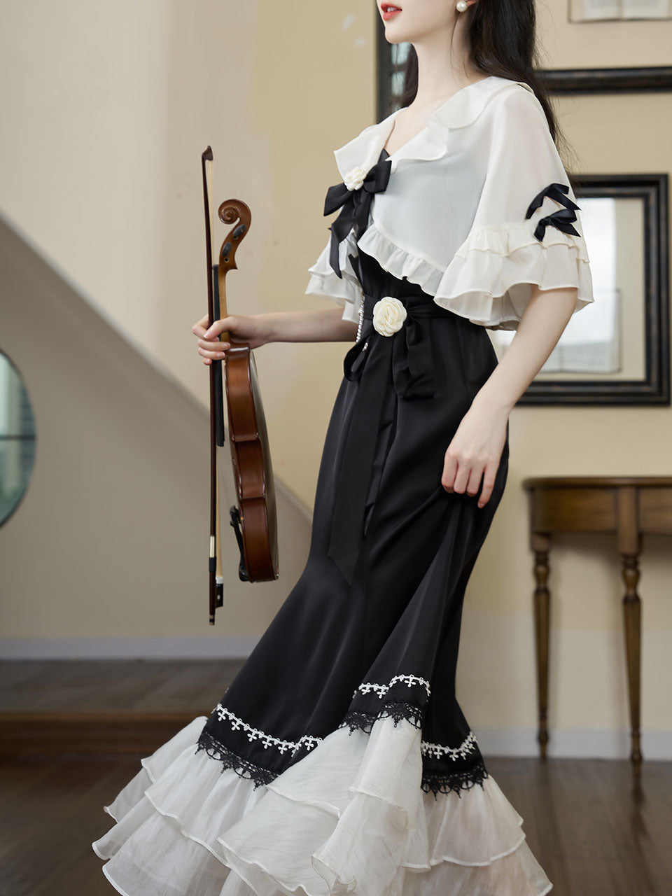 2PS Black Ballet Spaghetti Strap 1950S Vintage Little Black Dress With White Long Sleeve Ruffles Coat, Black / S
