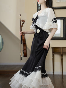 2PS Black Ballet Spaghetti Strap 1950S Vintage Little Black Dress With White Long Sleeve Ruffles Coat