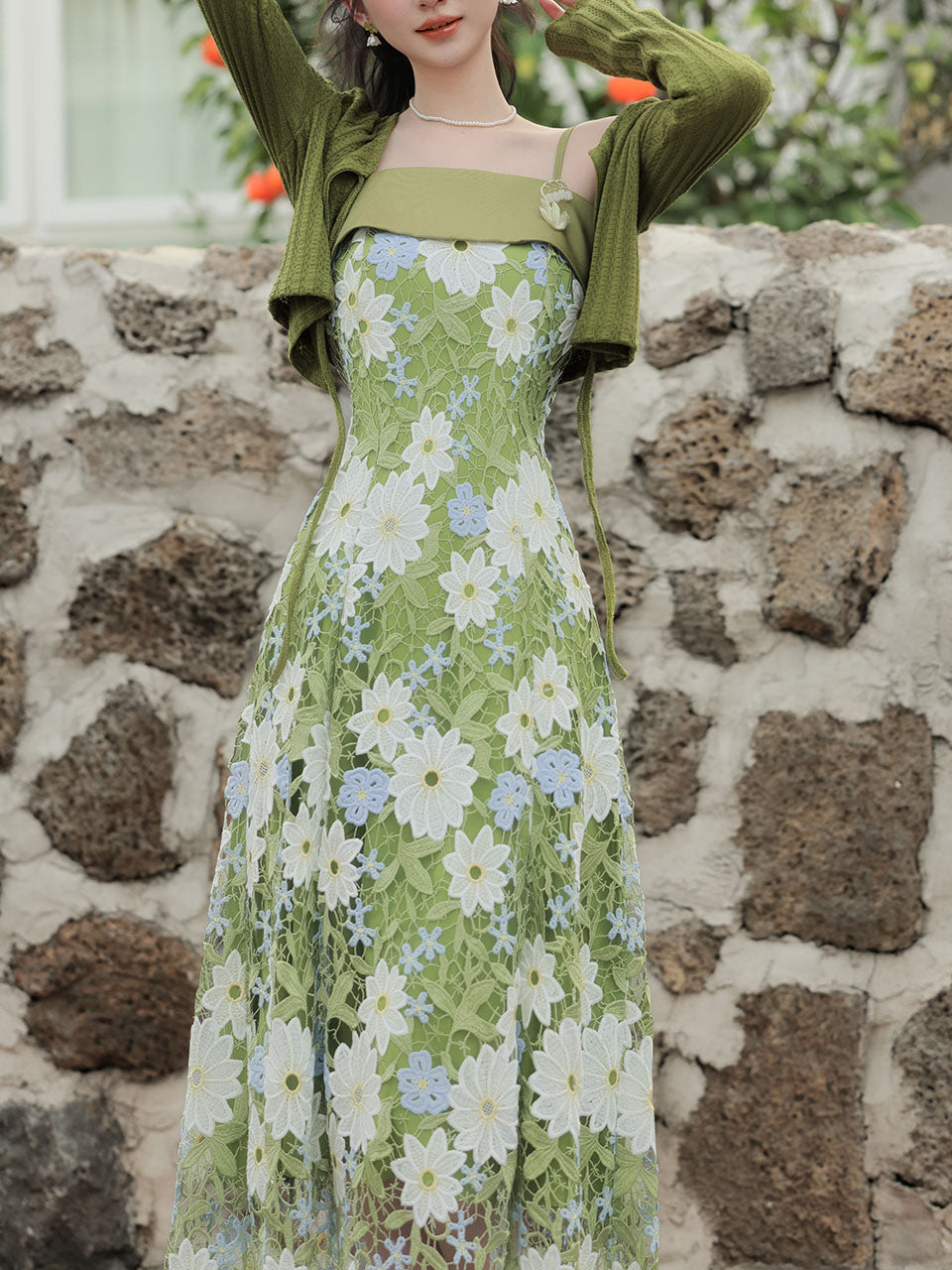 1940S Green Lace Embroidered Spaghetti Strap Vintage Dress