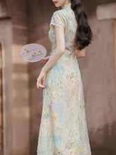 Load image into Gallery viewer, Light Green Burnout Print Cap Sleeve Cheongsam Dress