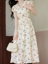 Load image into Gallery viewer, Apricot V Neck Floral Ruffles Cottagecore Puff Sleeve Vintage Dress
