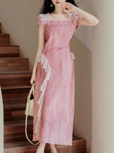 Load image into Gallery viewer, Pink Square Collar Lace Puff Sleeve Vintage Dress