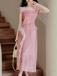 Pink Square Collar Lace Puff Sleeve Vintage Dress