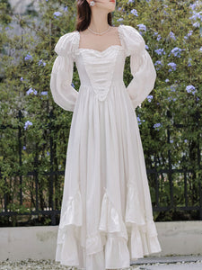 White Square Collar Long Lantern Sleeves Edwardian Ruffle Dress