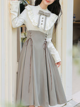 Load image into Gallery viewer, Grey fake two-piece vintage midi dress featuring a white ruffle collar blouse top with grey bow tie and a high-waisted side lace-up corset skirt.