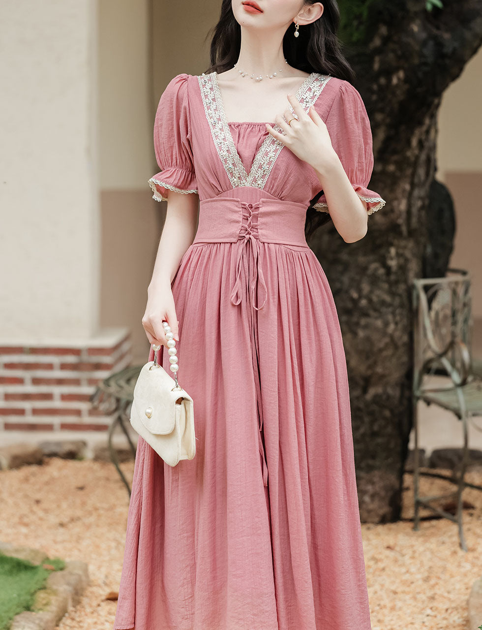 Pink Handmade Rhinestone Lace-Up Belt Edwardian Revival Dress, Pink / S
