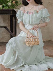Light Green Off Shoulder Chiffon Tiered Maxi Dress