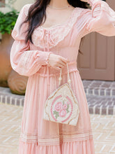 Load image into Gallery viewer, Pink Lace Long Sleeve Victorian Square Neck Vintage Dress