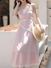Load image into Gallery viewer, Pink Plaid Bow Lace Strap 1950S Vintage Cottagecore Dress