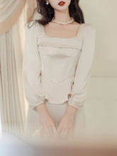 Load image into Gallery viewer, White Long Sleeve Wasp Waist Fake Two-piece Silk 1950S Vintage Wedding Dress