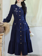 Load image into Gallery viewer, Navy Rose Artificial Embroidered Lace Collar Dress