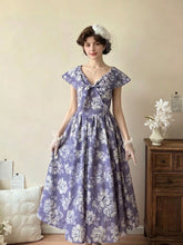 Load image into Gallery viewer, 1950s Audrey Hepburn style Vintage Lavender Floral Dress | Retro V Neck Bow Rockabilly Swing Dress