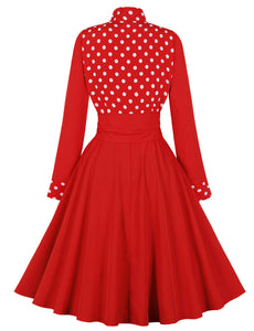Minnie 1950s Bow Collar Polka Dot Long Sleeve Vintage Swing Dress